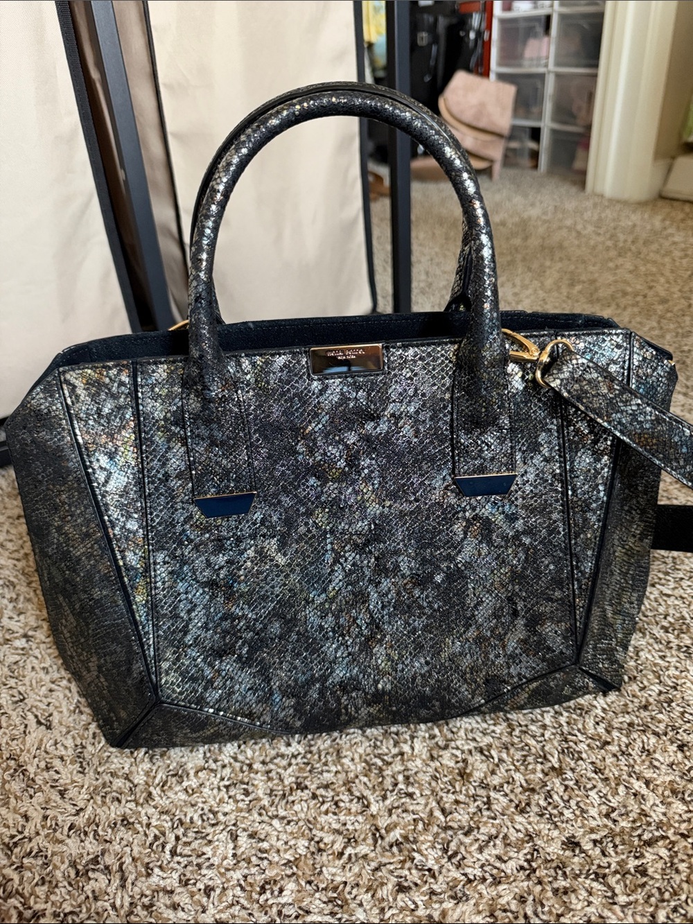 henri bendel Metallic Black Textured Satchel